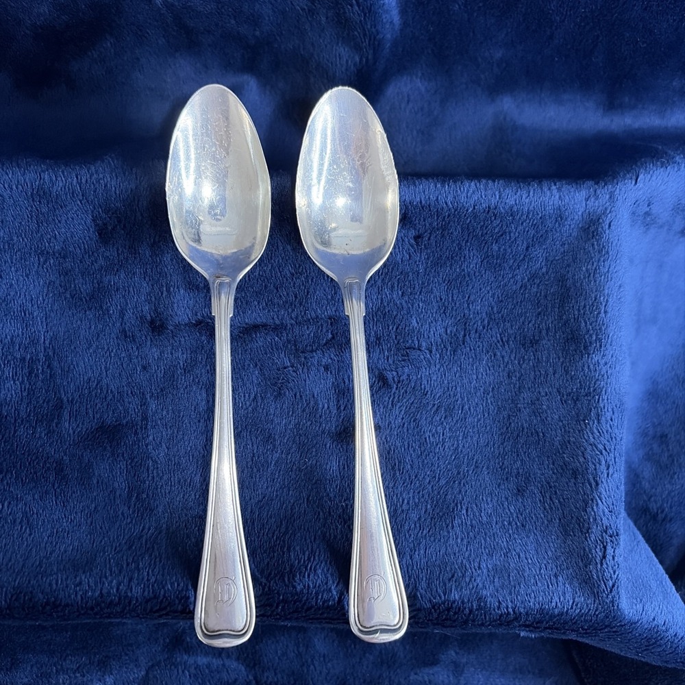 Pair Gorham Old French Sterling Silver Teaspoons 6" Monogram D Pat 1904 Antique